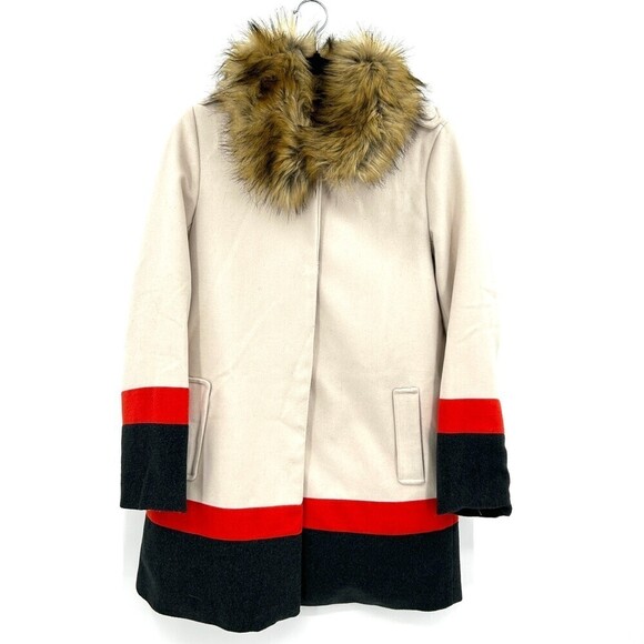 TOPSHOP Cream Red Gray Stripe Snap Button Removable Faux Fur Collar Coat Size 6 - Picture 1 of 8